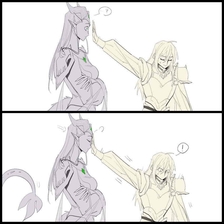 1boy, 1girl, armor, commentary, constricted_pupils, crossed_arms, derivative_work, dragon_girl, dragon_horns, dragon_tail, english_commentary, green_eyes, highres, horns, how_to_train_your_dragon_(series), dawn_knight_(twisted_wonderland), long_hair, looking_at_another, maleanor_draconia, pauldrons, pointy_ears, reaching, reaching_towards_another, reeeeehannnnnn, scene_reference, shoulder_armor, tail, twisted_wonderland, upper_body