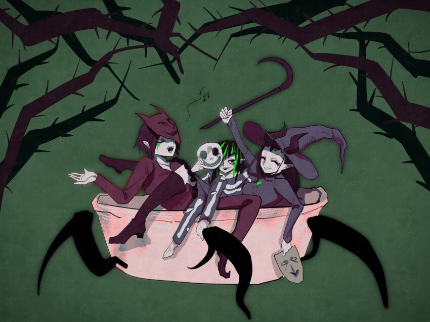 1girl, 2boys, bare_tree, bathtub, black_hair, cane, commentary, crossed_legs