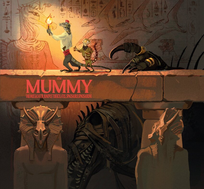 2others, ass_cutout, bandages, belt, claws, closed_mouth, clothing_cutout, colored_skin, commentary, dinosaur, english_commentary, english_text, fire, furry, glasses, gold_ring, green_jacket, green_pants, green_scarf, green_skin, gun, handgun, hat, hieroglyphics, highres, jacket, jewelry, lizardman, long_sleeves, monster, multiple_others, multiple_rings, mummy, open_mouth, original, pants, pterosaur, red_hat, ring, scarf, shadow, sharp_teeth, shirt, spinosaurus, statue, stegosaurus, tail, tail_through_clothes, teeth, weapon, weirdundead, white_shirt