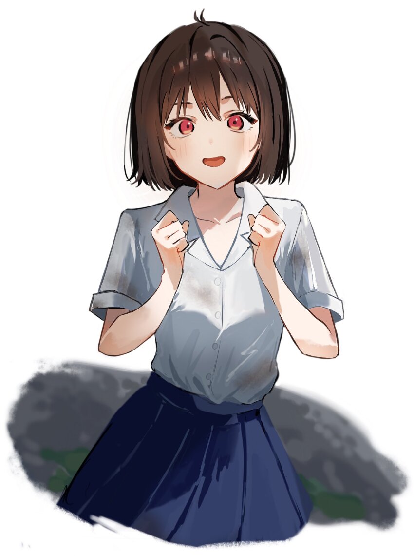 :d, antenna_hair, black_hair, bob_cut, dirty, excited, hair_between_eyes, hands_up