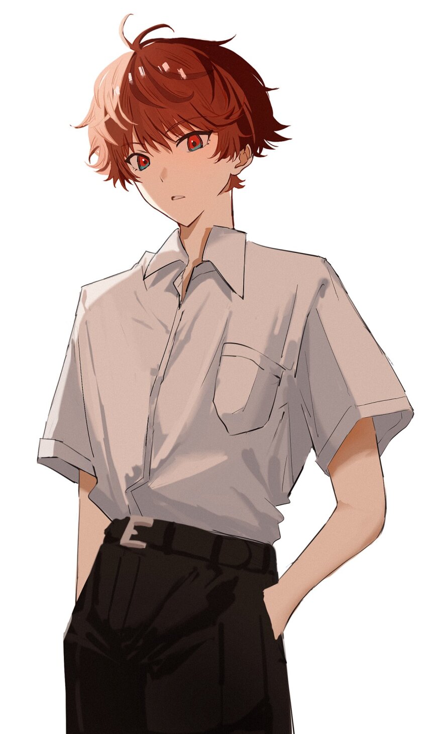 1boy, belt, belt_buckle, black_pants, buckle, collared_shirt, hands_in_pockets, highres, male_focus, open_mouth, orange_eyes, orange_hair, pants, school_uniform, shirt, shirt_tucked_in, short_sleeves, shoushimin_series, simple_background, solo, urino_takahiko, white_background, white_shirt, yuuhi_mari