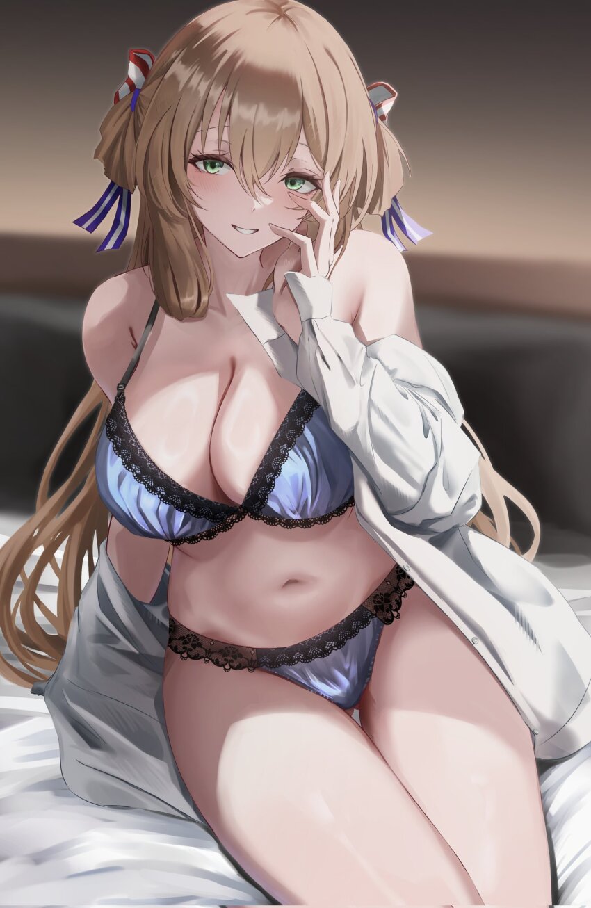 1girl, black_trim, blue_bra, blue_panties, blue_ribbon, blush, bra, breasts