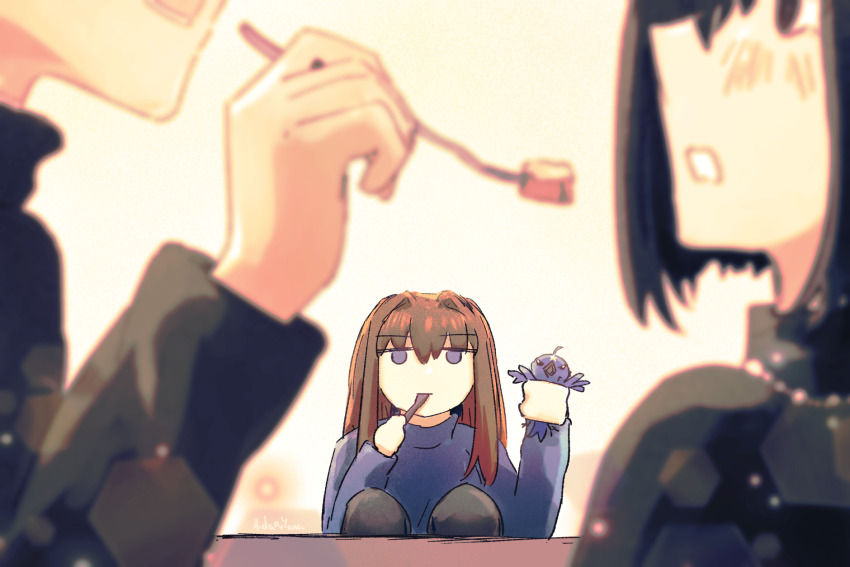 1boy, 2girls, aozaki_aoko, bird, black_hair, blurry, blush, brown_hair