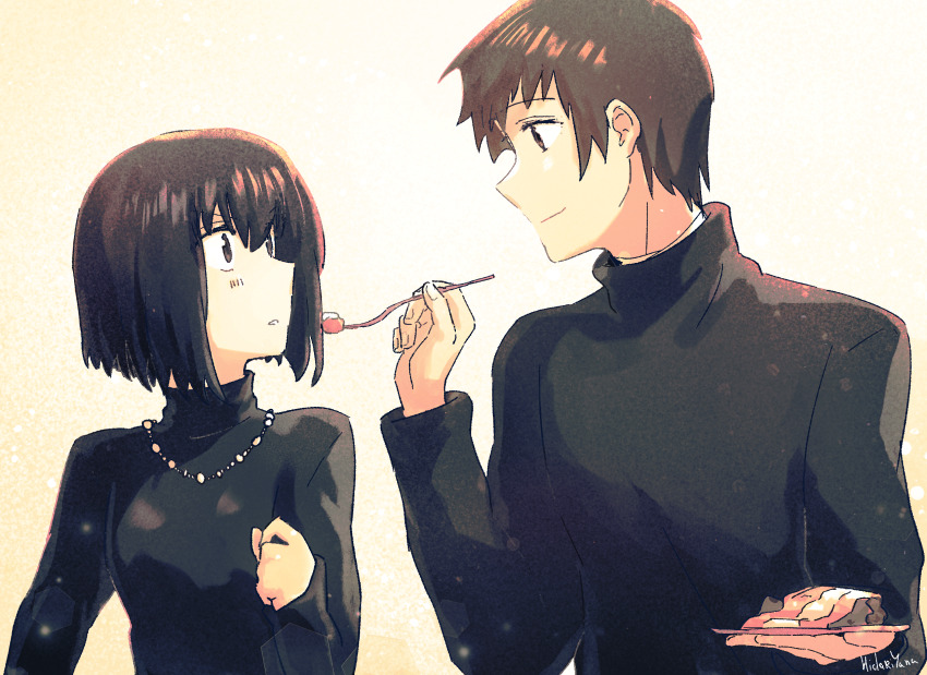 1boy, 1girl, black_hair, black_shirt, blush, brown_eyes, brown_hair, feeding, food, hidariyana, highres, holding, holding_food, jewelry, kuonji_alice, looking_at_another, mahou_tsukai_no_yoru, necklace, shirt, shizuki_soujuurou, short_hair, smile, turtleneck