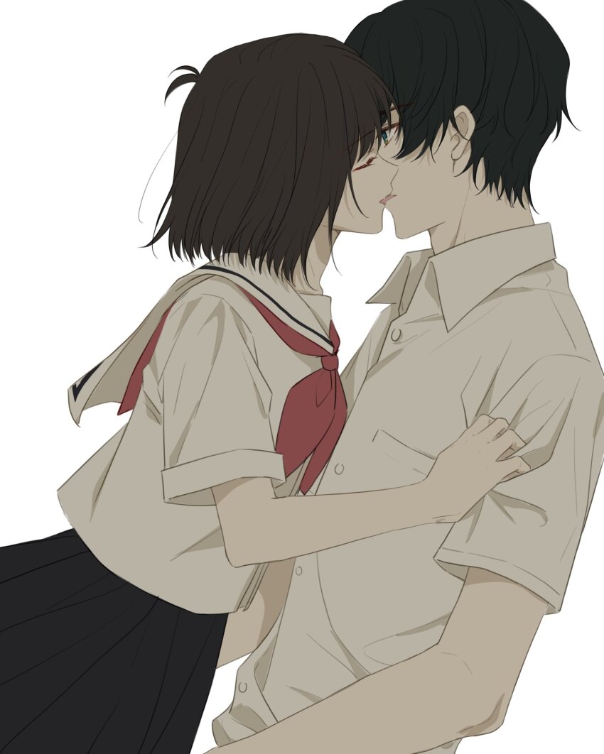 1boy, 1girl, black_hair, black_skirt, bob_cut, chikong_ice, closed_eyes, collared_shirt, face-to-face, from_side, green_eyes, hair_between_eyes, hetero, highres, hug, imminent_kiss, kiss, kobato_jougorou, looking_at_another, neckerchief, open_mouth, osanai_yuki, red_neckerchief, school_uniform, serafuku, shirt, short_hair, short_sleeves, shoushimin_series, simple_background, skirt, standing, upper_body, white_background, white_shirt