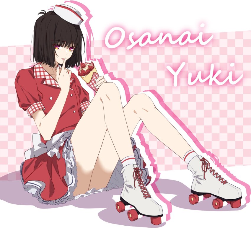 1girl, antenna_hair, black_hair, bob_cut, chikong_ice, collarbone, collared_shirt, dress, fingernails, food, frilled_dress, frills, full_body, highres, knees_up, licking, licking_finger, licking_own_finger, looking_at_viewer, osanai_yuki, parfait, plaid_clothes, red_dress, red_eyes, roller_skates, shirt, shoes, short_hair, shoushimin_series, simple_background, sitting, skates, skirt, solo, tongue, white_shoes