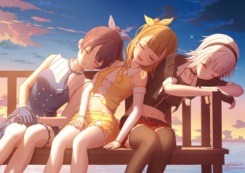 3girls, black_choker, black_gloves, black_hair, black_hairband, black_jacket, black_shirt, black_thighhighs