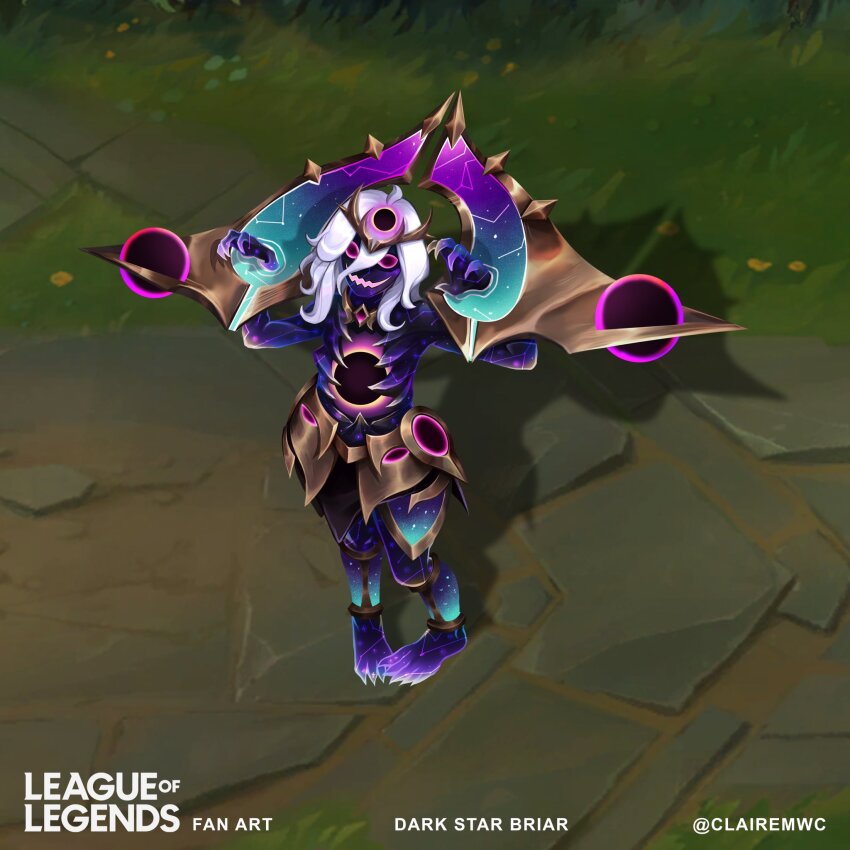 1girl, :d, armor, artist_name, barefoot, black_skin, briar_(league_of_legends), clairemwc, colored_skin, copyright_name, cuffed, dark_star_(league_of_legends), full_body, grass, grin, hair_between_eyes, highres, league_of_legends, looking_at_viewer, medium_hair, open_mouth, pink_eyes, purple_skin, smile, solo, space_skin, standing, teeth, white_hair