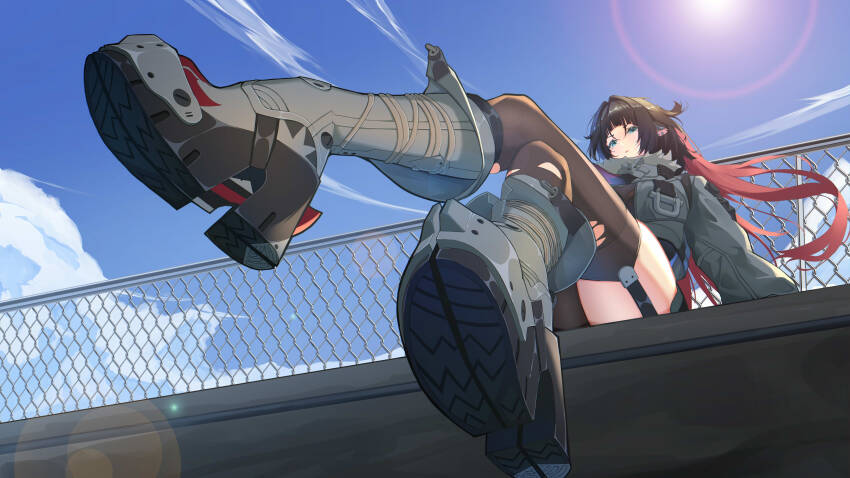 1girl, absurdres, animal_ears, black_hair, black_pantyhose, black_thighhighs, blue_sky, boots