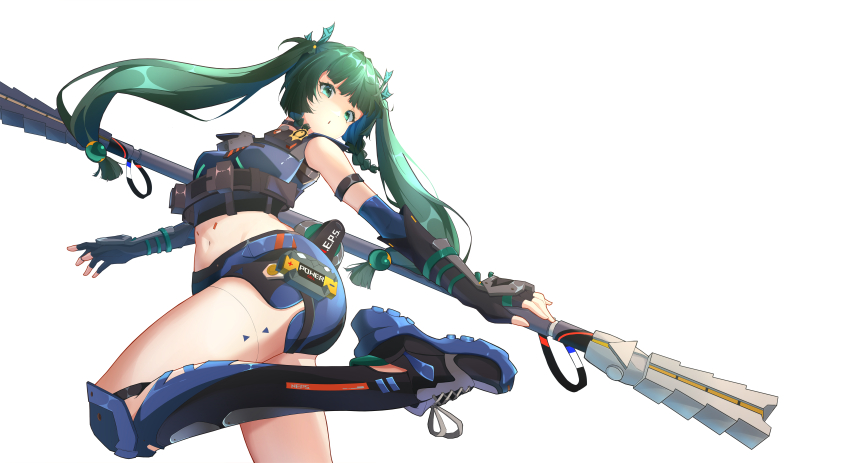 1girl, absurdres, android, black_gloves, blue_shorts, blunt_bangs, chunian_and_(user_asmj8822), fingerless_gloves