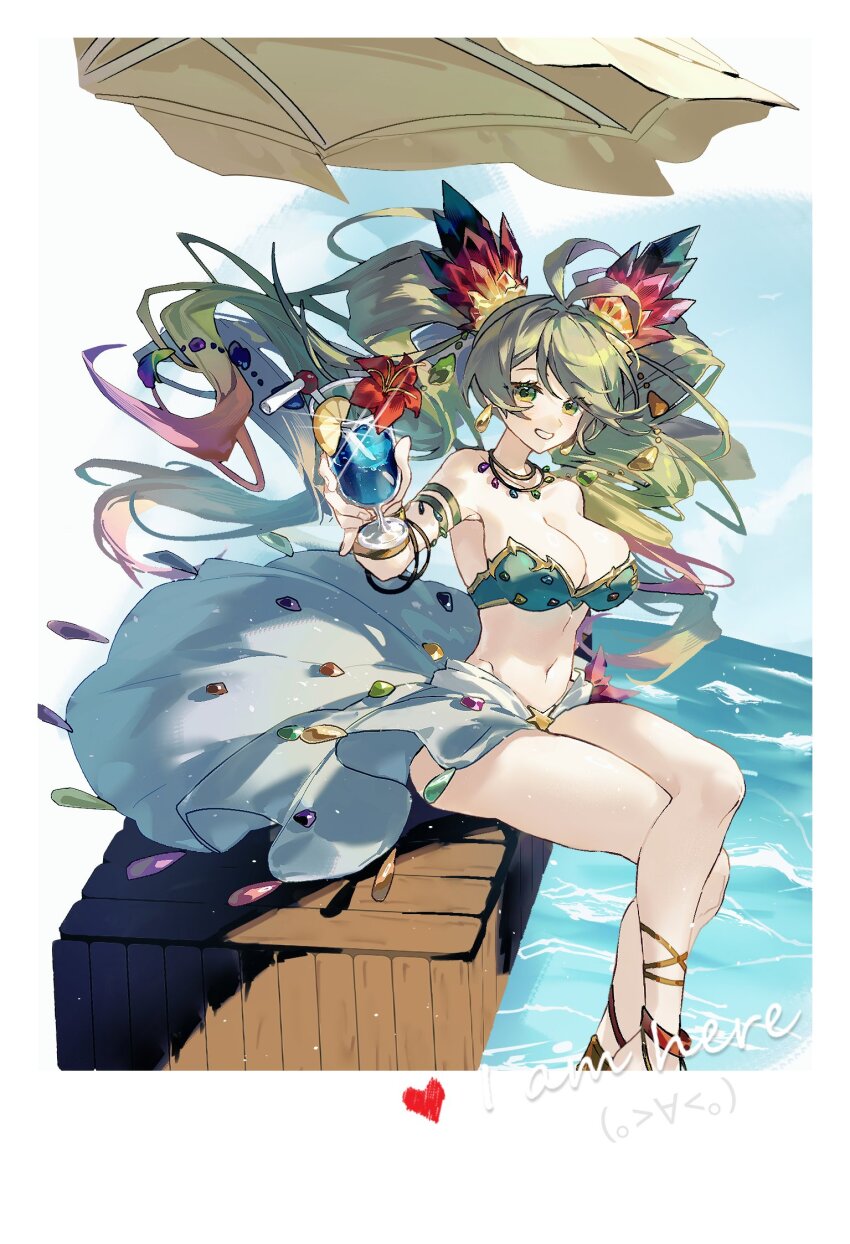 1girl, antenna_hair, bare_shoulders, bikini, breasts, cleavage, cup, de_la_fille