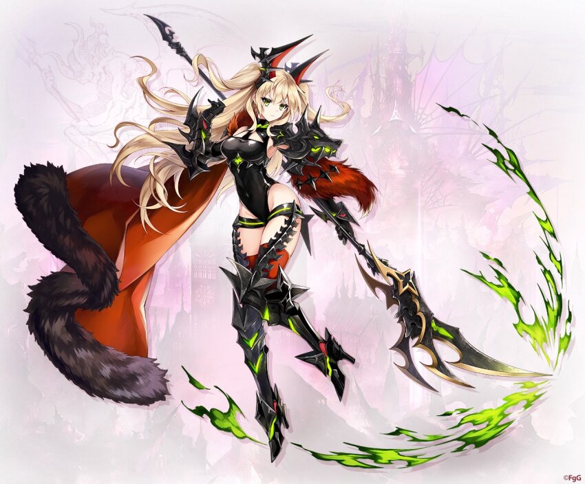 1girl, arm_guards, armor, black_gloves, black_leotard, blonde_hair, closed_mouth, commentary_request