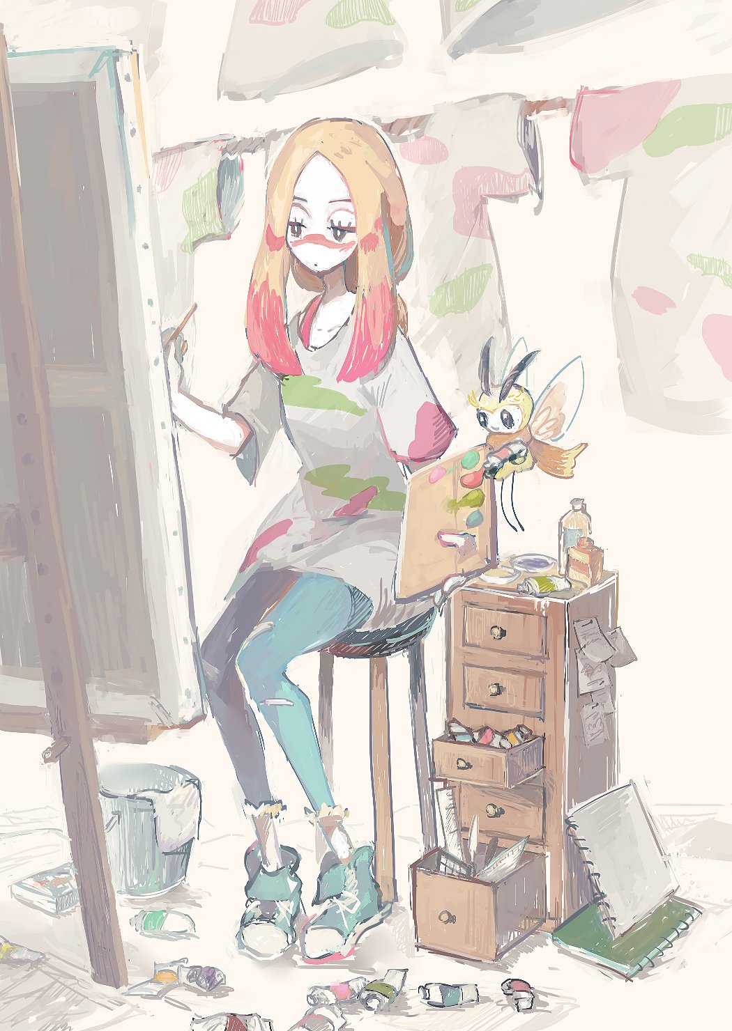 1girl, blonde_hair, bottle, bra_strap, bucket, capri_pants, clothesline, collarbone