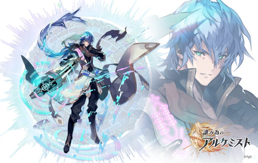 1boy, black_boots, black_gloves, black_pants, blue_hair, boots, closed_mouth, commentary_request