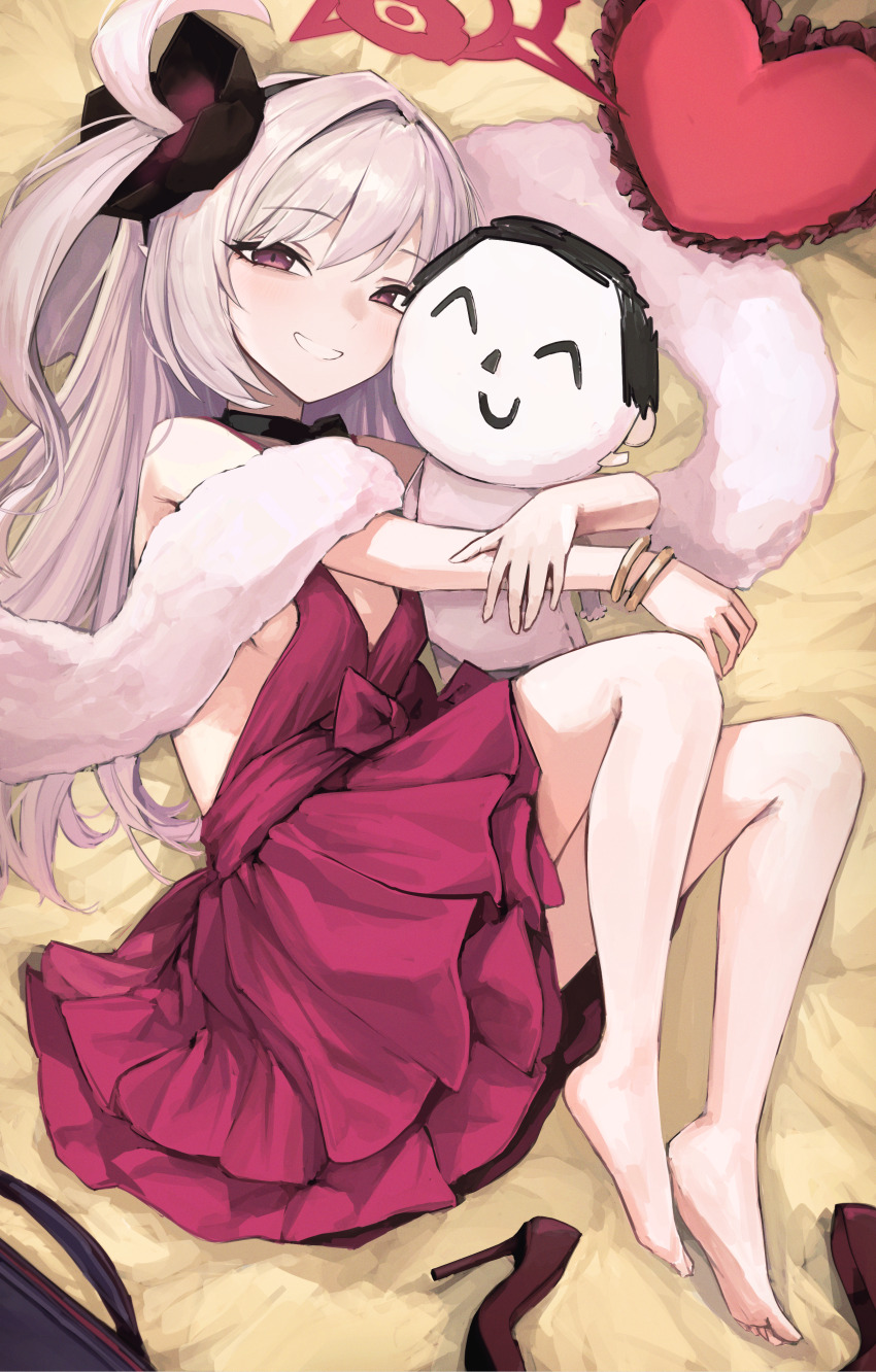 1girl, absurdres, barefoot, bed_sheet, blue_archive, bracelet, breasts, character_doll