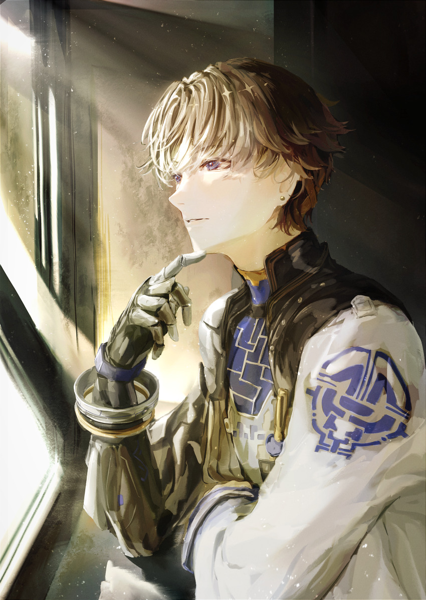 1boy, absurdres, against_windowsill, blue_eyes, blue_shirt, brown_hair, commentary_request, earrings