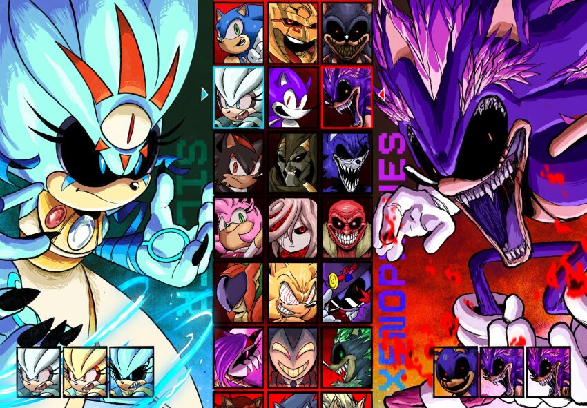5girls, 6+boys, amy_rose, angry, black_sclera, blue_eyes, character_name, character_select, claws, colored_sclera, dr._eggman, enerjak_(sonic), exe_(revie), faker_(revie), fangs, super_sonic_(sonic_the_comic), green_eyes, highres, im_lazy_sheck_lol, knuckles_the_echidna, looking_at_viewer, lord_x_(sonic.exe), mask, mr._needlemouse, multiple_boys, multiple_girls, open_mouth, red_eyes, sage_(sonic), sarah_henderson_(needlemouse), shadow_the_hedgehog, smile, sonic.exe, sonic:_execution_(comic), sonic_(series), sonic_boom_(series), sonic_the_comic, sonic_the_hedgehog, sonic_the_hedgehog_(archie_comics), starved_(sonic.exe), sunglasses, super_sonic, teeth, the_revenant_(sonic:_execution), xenophanes_(sonic.exe), xerophanes_(sonic.exe), yellow_eyes, zonic_the_zone_cop