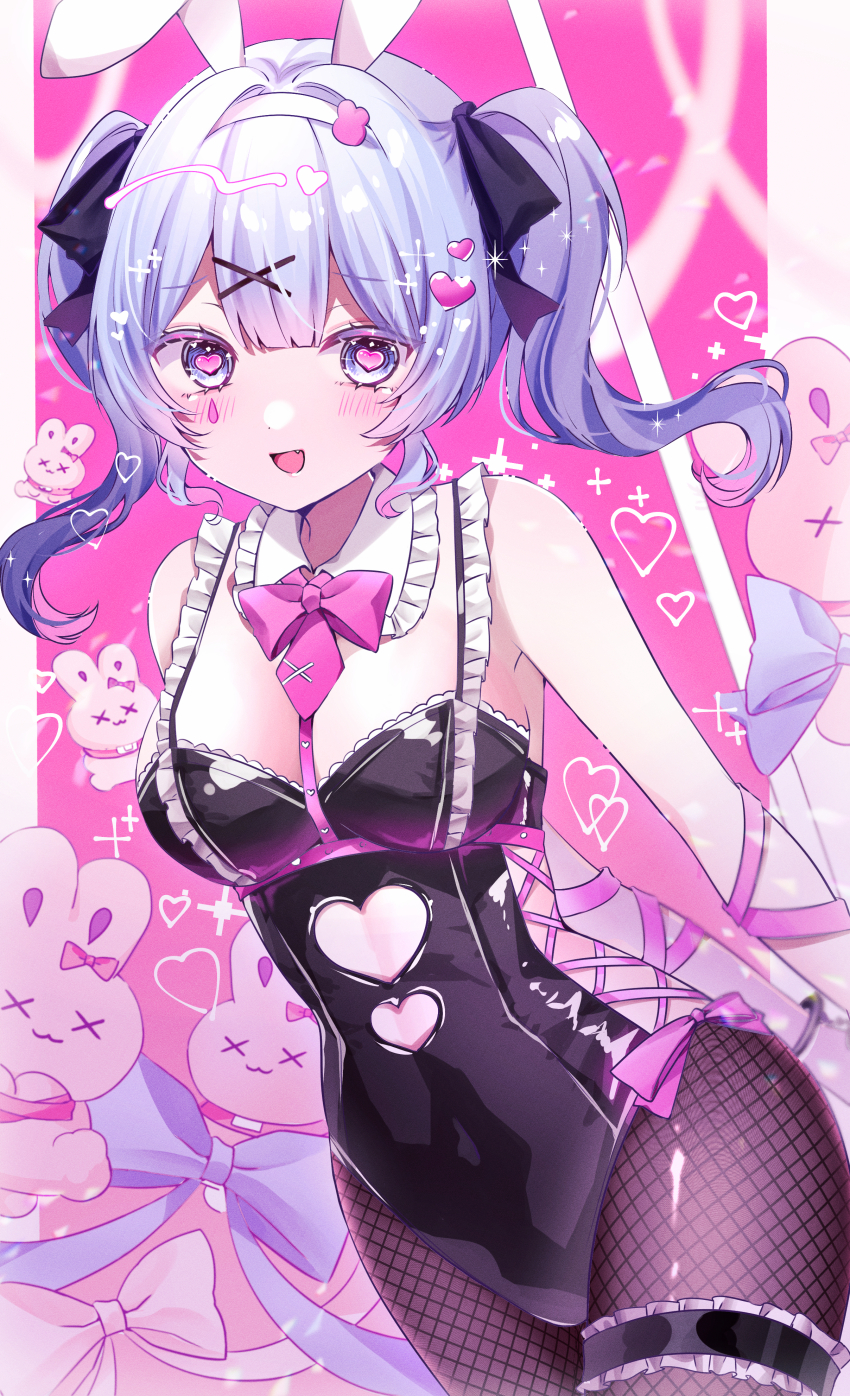 1girl, :d, absurdres, animal_ears, black_leotard, blue_eyes, blue_hair, blue_ribbon