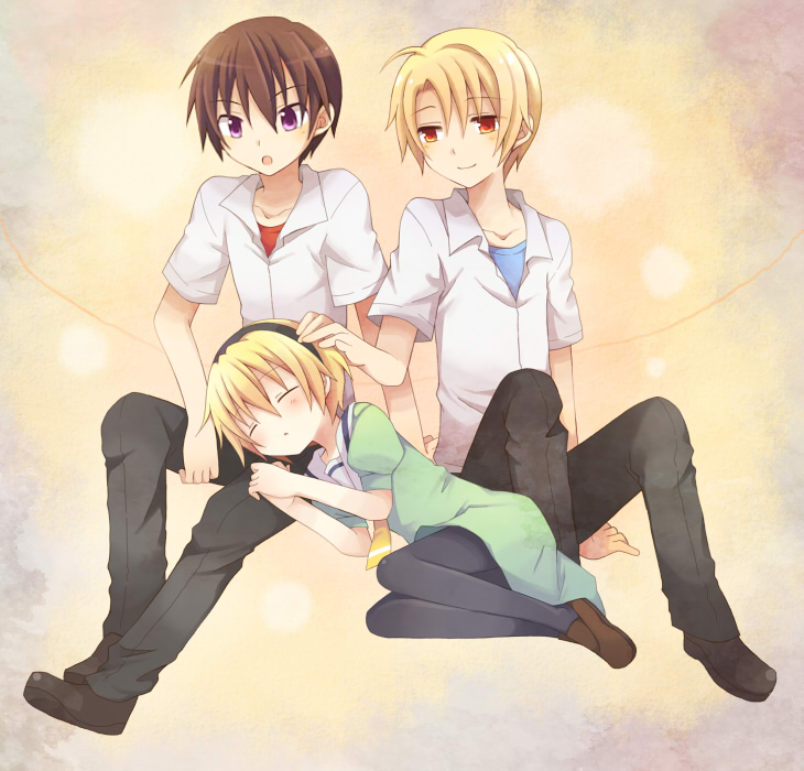 1girl, 2boys, bad_id, bad_pixiv_id, blonde_hair, closed_eyes, dress, hairband