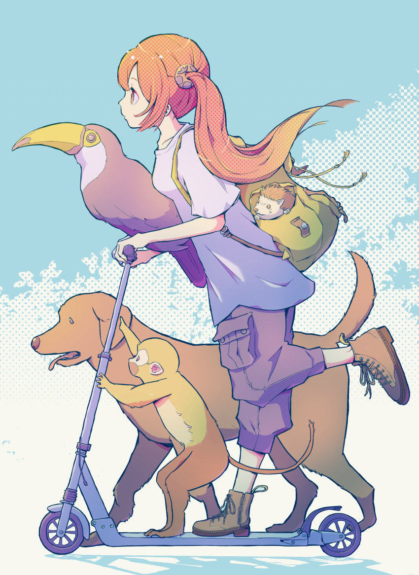 1girl, absurdres, animal, animal_on_arm, backpack, bag, bird, bird_on_arm