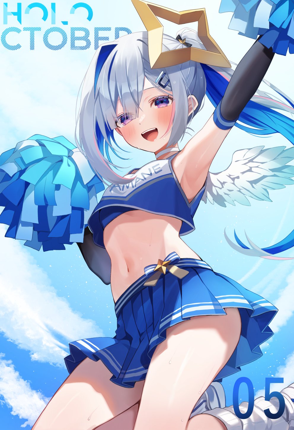 1girl, amane_kanata, angel, angel_wings, black_gloves, blue_hair, blush, cheerleader