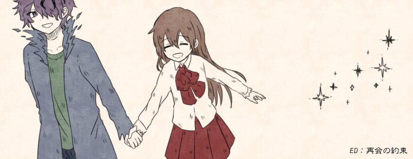 1boy, 1girl, brown_hair, coat, garry_(ib), good_end, grey_coat, highres