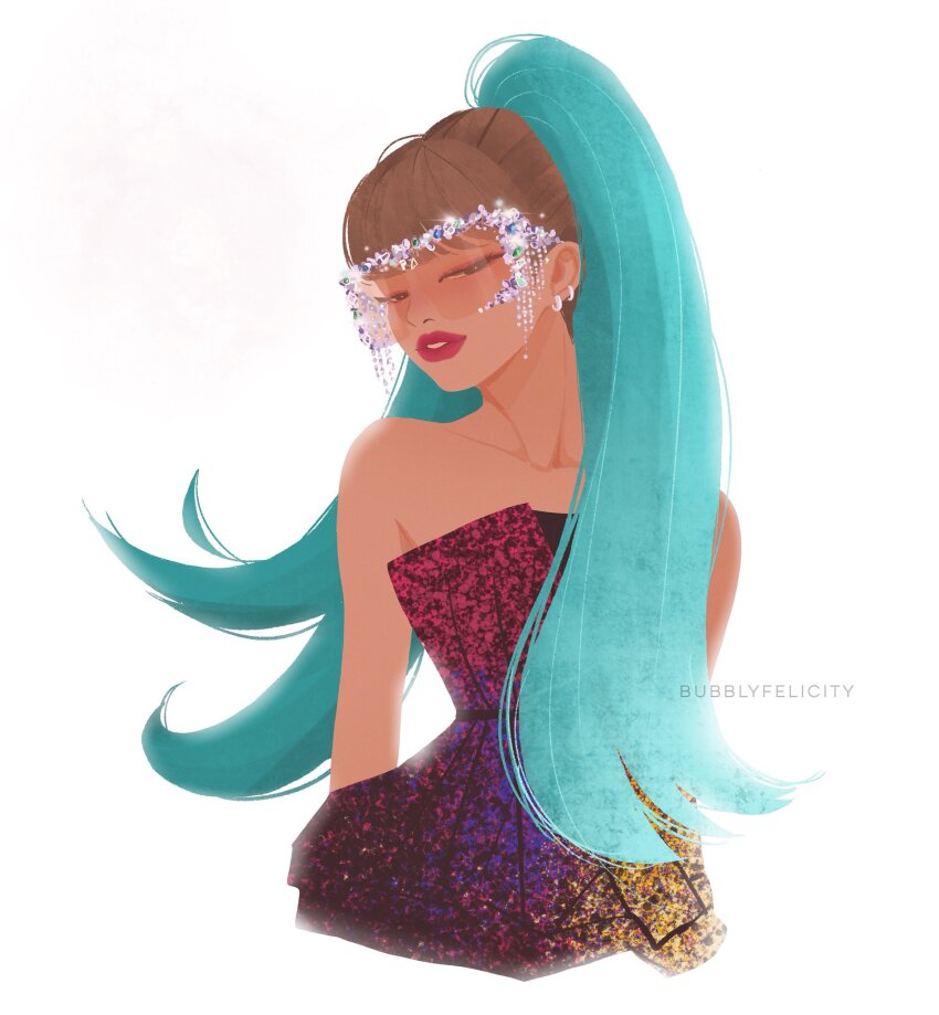 1girl, artist_name, blackpink, blonde_hair, blue_hair, blunt_bangs, bubblyfelicity, commentary