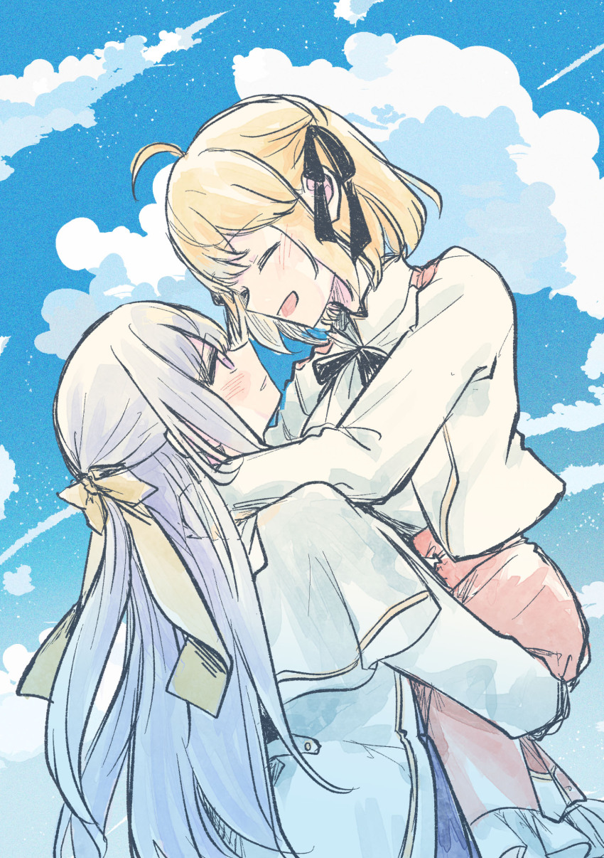 2girls, anisphia_wynn_palettia, arms_around_neck, black_ribbon, blonde_hair, blue_skirt, blue_sky, carrying, carrying_person, chichan54_(clubhappy), closed_eyes, cloud, coat, commentary_request, day, euphyllia_magenta, grey_hair, hair_ribbon, highres, jacket, long_hair, long_sleeves, looking_at_another, medium_hair, multiple_girls, open_mouth, outdoors, parted_lips, pink_skirt, purple_eyes, ribbon, shirt, skirt, sky, smile, tensei_oujo_to_tensai_reijou_no_mahou_kakumei, white_coat, white_jacket, white_shirt, yellow_ribbon, yuri