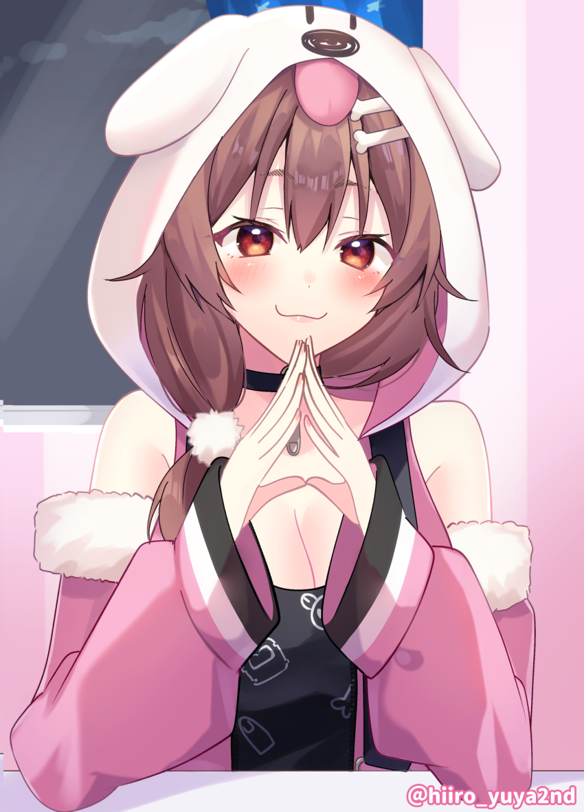 1girl, animal_hood, black_choker, bone_hair_ornament, breasts, brown_eyes, brown_hair, cartoon_bone