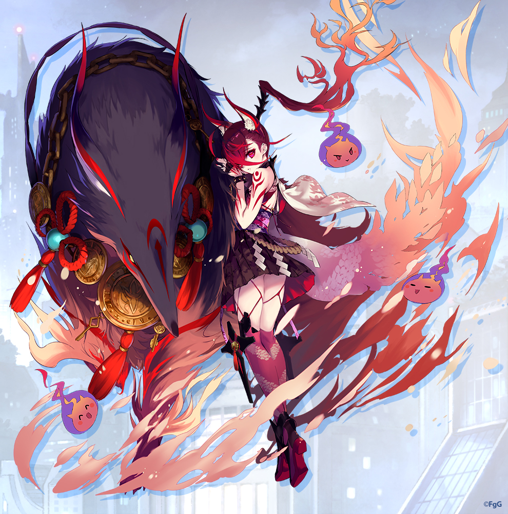 1girl, animal, animal_ears, arm_tattoo, black_skirt, blurry, blurry_background, commentary_request