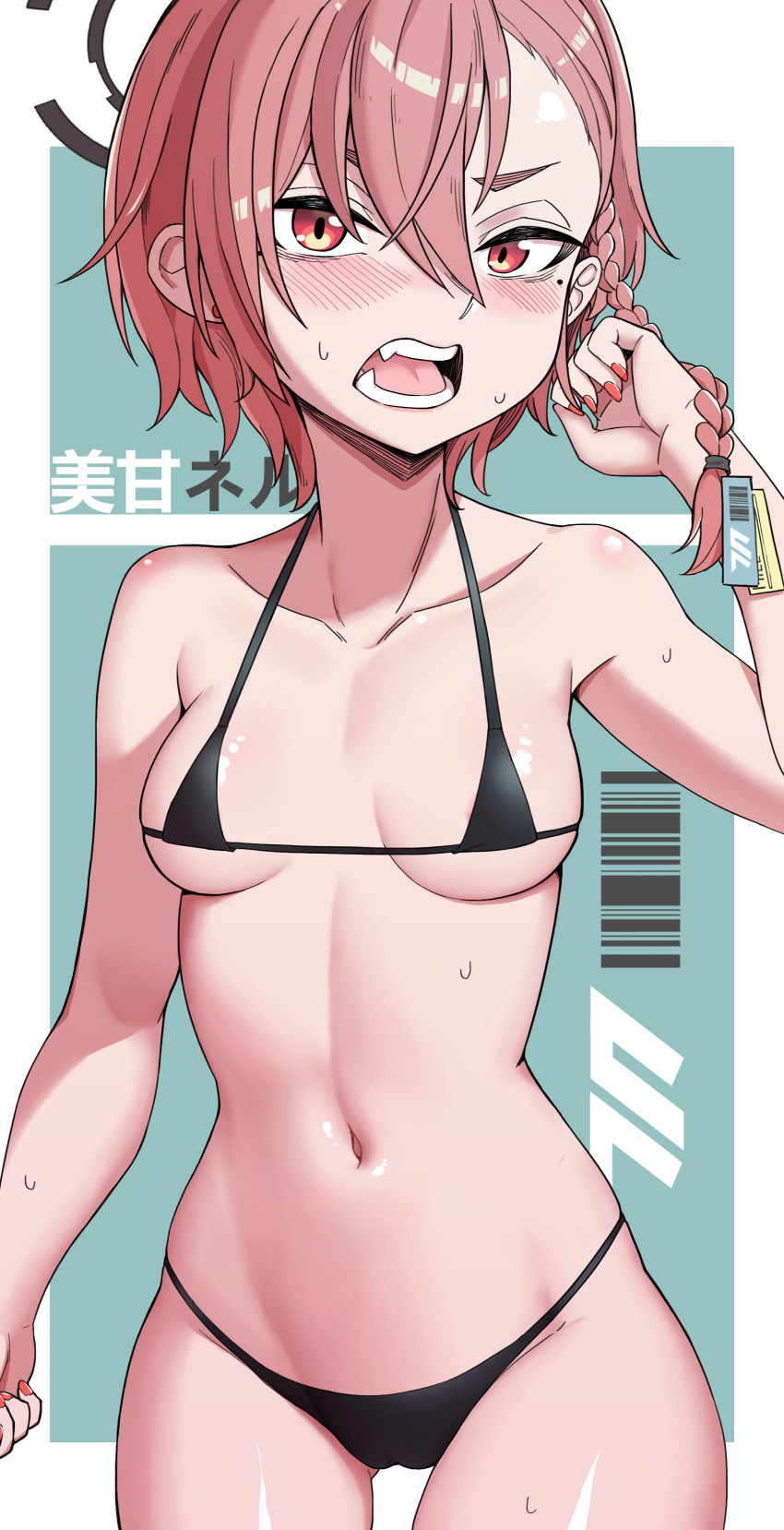 1girl, absurdres, akita_kang, asymmetrical_hair, bikini, black_bikini, black_halo, blue_archive, blue_background, braid, breasts, character_name, clothes_writing, collarbone, cowboy_shot, fang, halo, highres, looking_at_viewer, micro_bikini, neru_(blue_archive), off_shoulder, red_eyes, red_hair, short_hair, single_braid, small_breasts, solo, swimsuit, tag