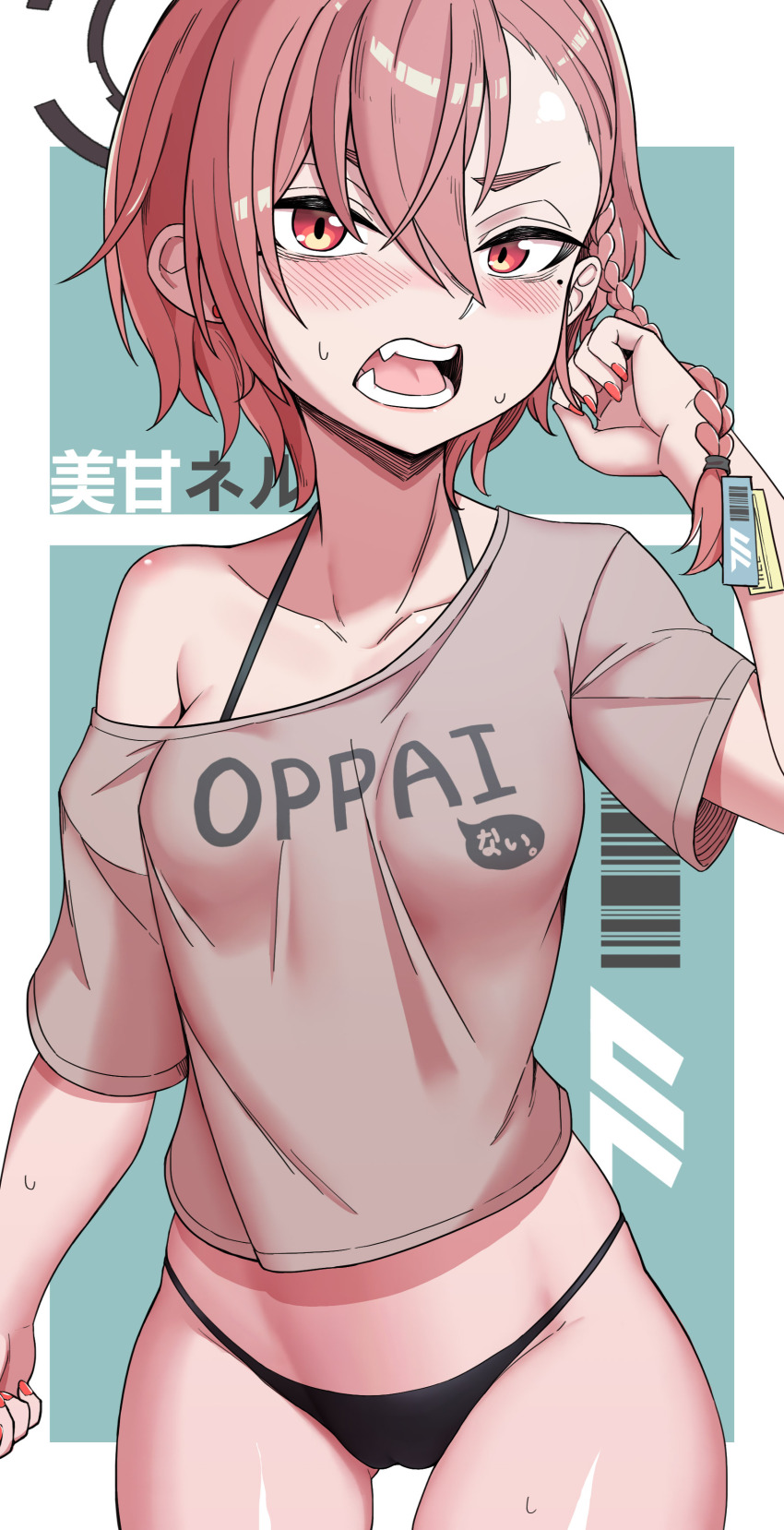 1girl, absurdres, akita_kang, asymmetrical_hair, bikini, black_bikini, black_halo, blue_archive, blue_background, braid, character_name, clothes_writing, collarbone, cowboy_shot, fang, grey_shirt, halo, highres, looking_at_viewer, neru_(blue_archive), off-shoulder_shirt, off_shoulder, red_eyes, red_hair, shirt, short_hair, single_braid, solo, swimsuit, t-shirt, tag