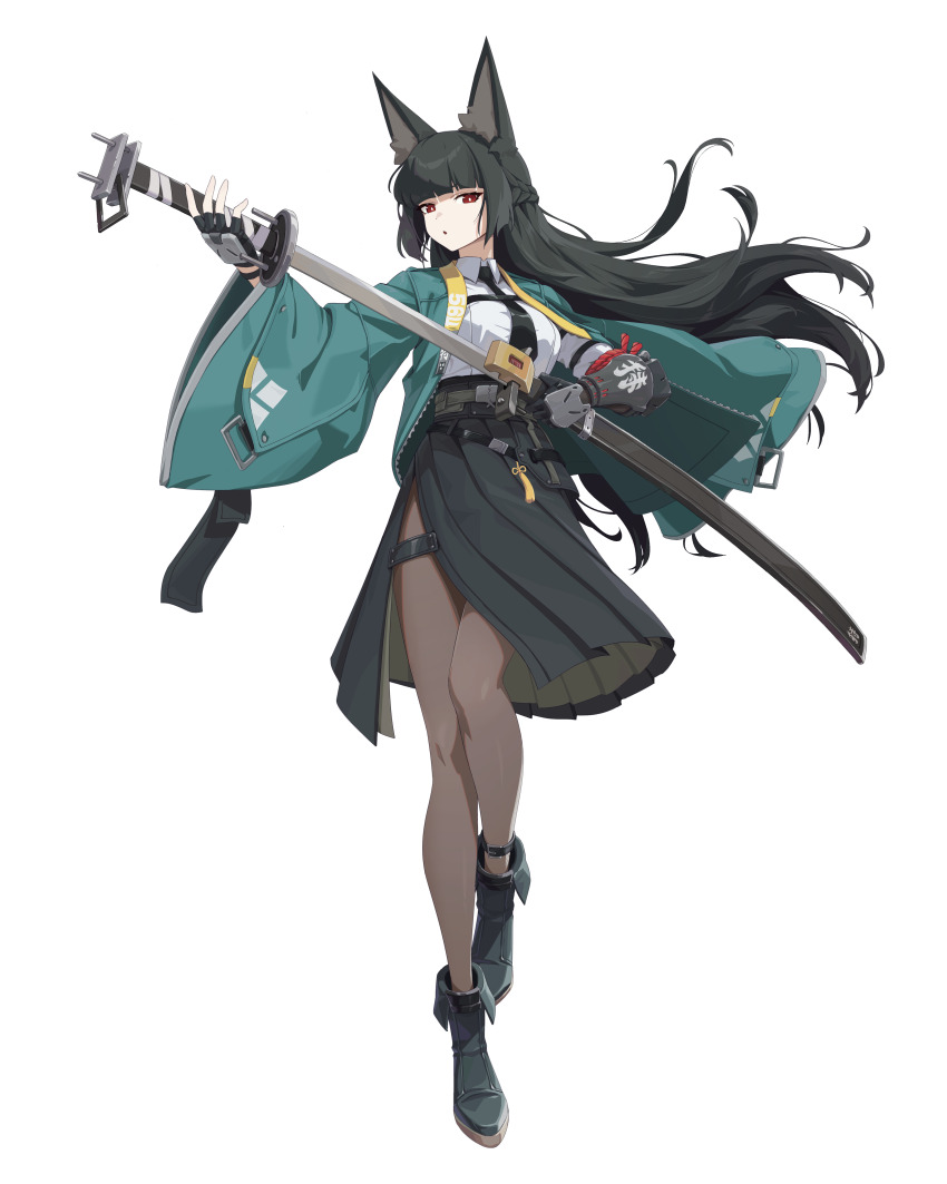 1girl, absurdres, animal_ear_fluff, animal_ears, asymmetrical_gloves, black_footwear, black_gloves, black_hair