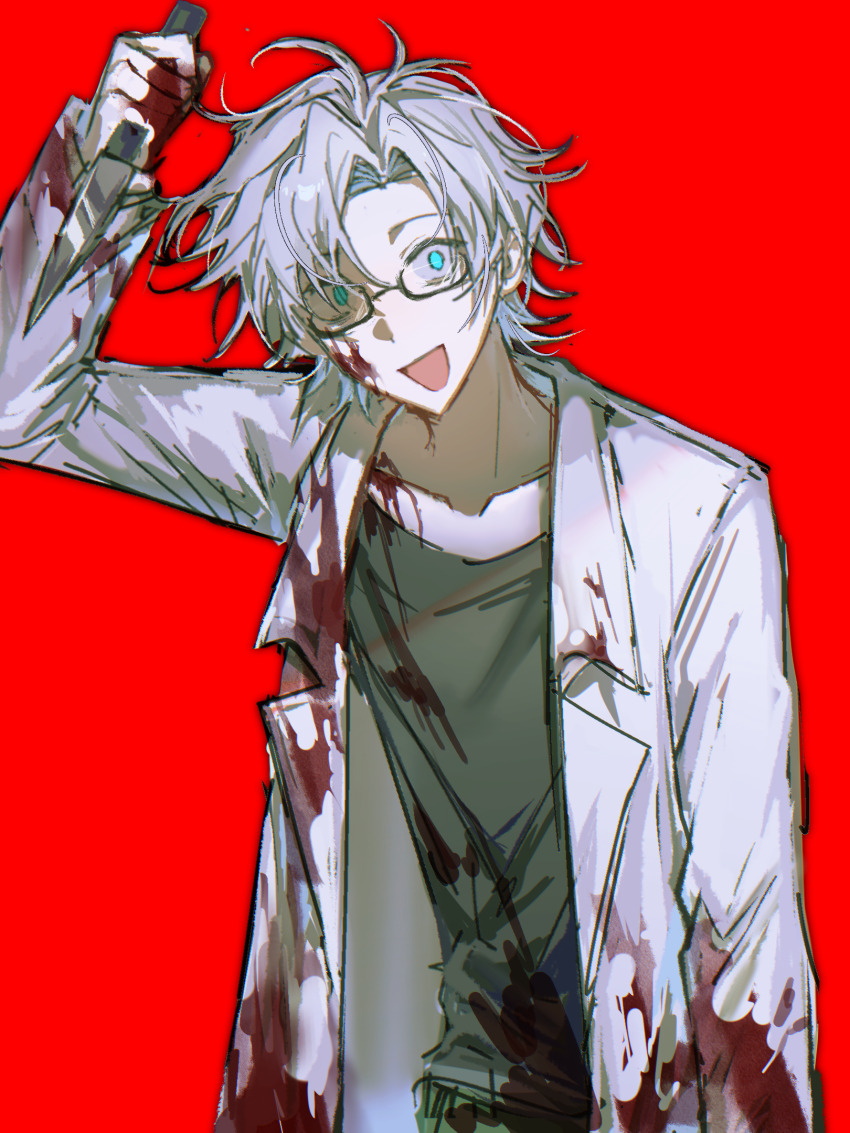 1boy, arm_up, artist_request, black_shirt, blood, blood_on_clothes, blood_on_face, blood_on_hands
