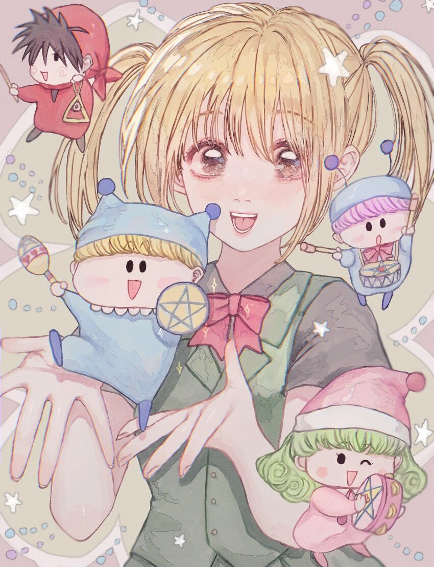 bandana, black_hair, black_shirt, blonde_hair, blue_hat, blue_pajamas, blunt_bangs, blush