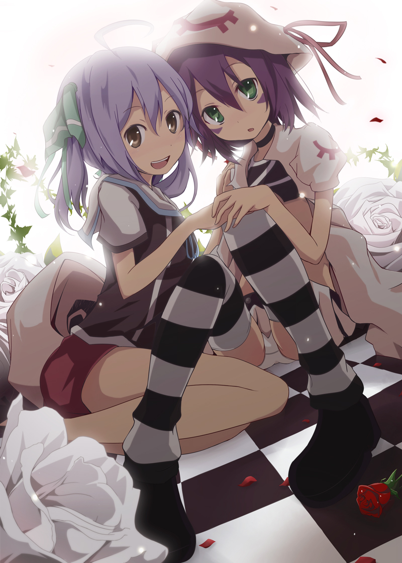 2girls, brown_eyes, green_eyes, hair_ribbon, hat, merry_nightmare, multiple_girls, purple_hair