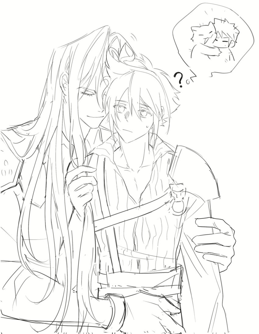 2boys, ?, arm_around_another's_waist, armor, chest_strap, closed_eyes, cloud_strife, final_fantasy