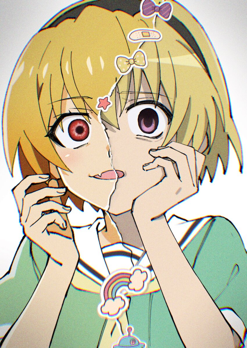 1girl, arms_up, black_hairband, blonde_hair, commentary_request, eyelashes, fang, hair_between_eyes