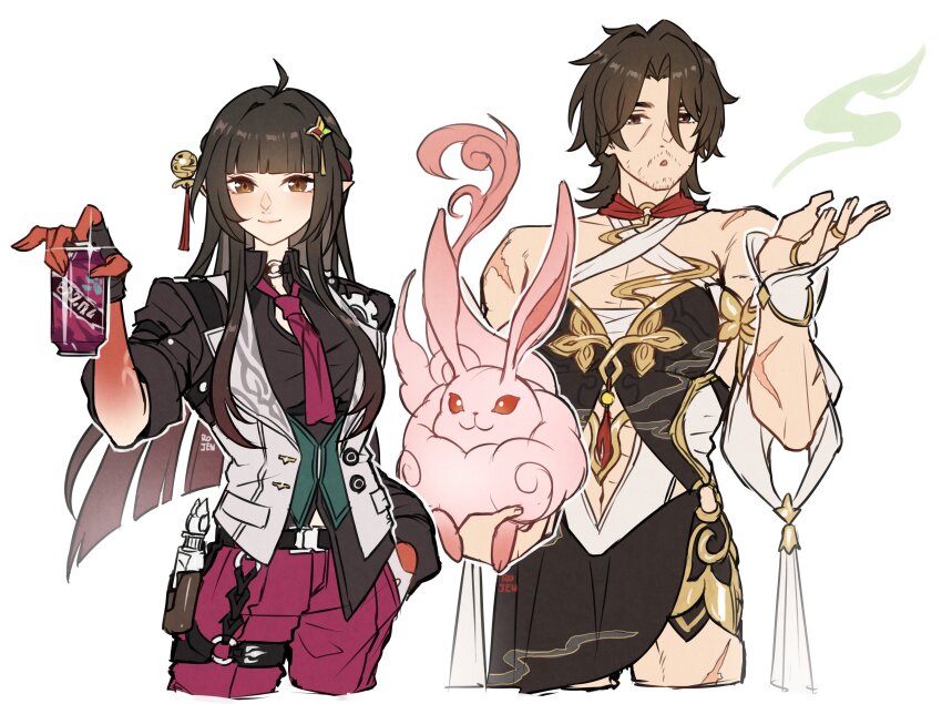 1boy, 1girl, absurdres, ahoge, bare_shoulders, belt, black_belt, black_dress, black_hair, black_shirt, brown_eyes, can, cosplay, costume_switch, criss-cross_halter, crossdressing, dress, gallagher_(honkai:_star_rail), gallagher_(honkai:_star_rail)_(cosplay), halterneck, hand_up, highres, holding, holding_can, honkai:_star_rail, honkai_(series), lingsha_(honkai:_star_rail), lingsha_(honkai:_star_rail)_(cosplay), long_hair, looking_at_viewer, navel, necktie, pants, pointy_ears, rabbit, red_necktie, red_pants, rojen, scar, shirt, smile, very_long_hair, vest, white_vest