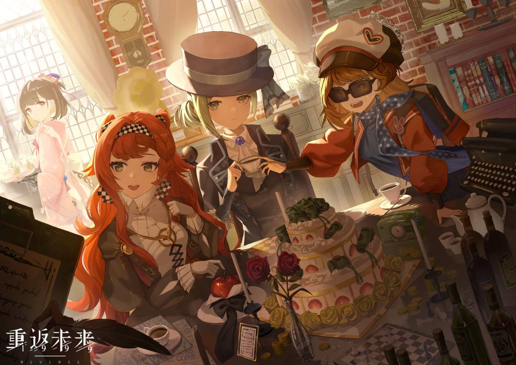 4girls, :d, apple, apple_(reverse:1999), apron, arm_support, ascot, backlighting