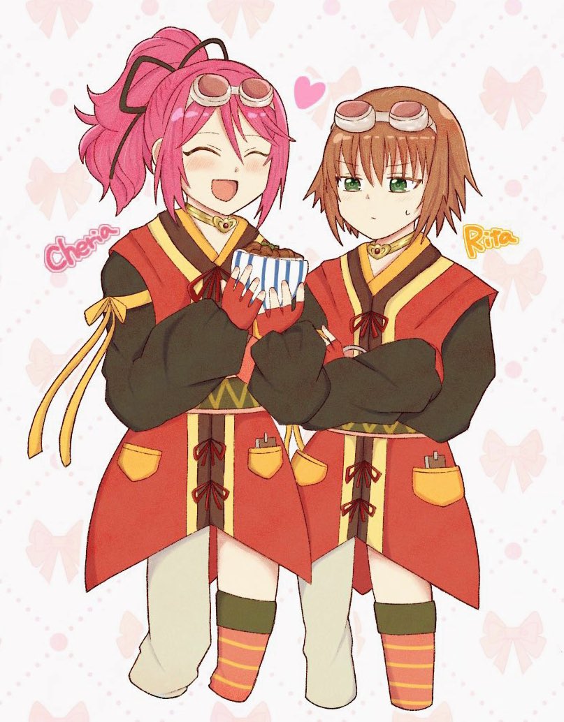 2girls, :d, ^_^, black_ribbon, brown_hair, cheria_barnes, closed_eyes, closed_mouth