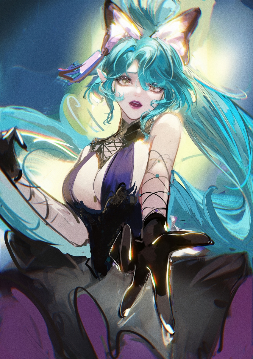 1girl, absurdres, alternate_costume, aqua_hair, asymmetrical_bangs, bare_shoulders, black_gloves, bow