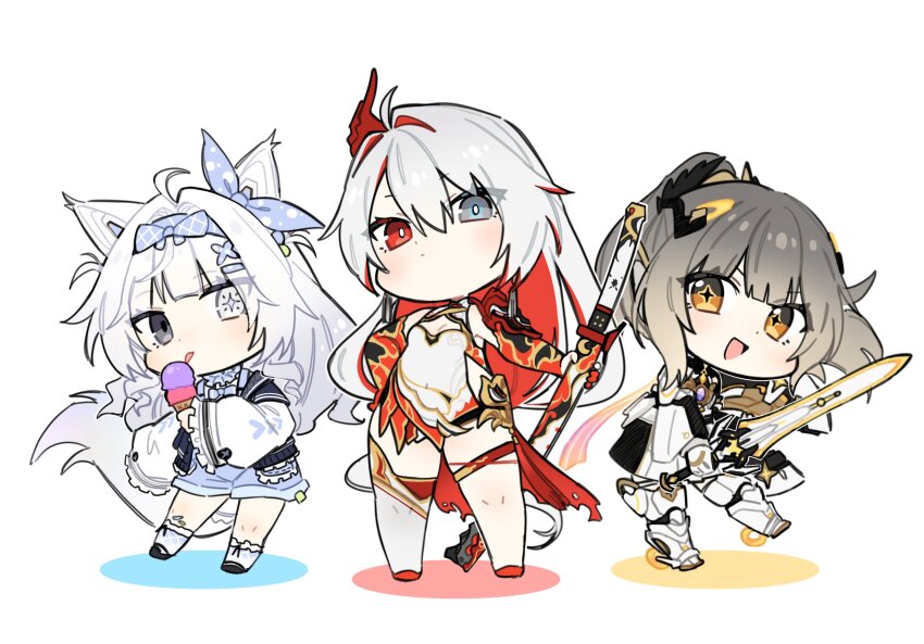 3girls, ahoge, alpha:_crimson_weave_(vow_of_dragon)_(pgr), alpha_(pgr), animal_ears, black_jacket, blue_shorts, brown_eyes, china_dress, chinese_clothes, colored_inner_hair, cross-shaped_pupils, dress, frilled_sleeves, frills, gradient_hair, grey_eyes, grey_hair, hair_between_eyes, hair_ornament, heterochromia, highres, holding, holding_sword, holding_weapon, jacket, katana, long_hair, long_sleeves, mechanical_ears, mechanical_legs, mismatched_pupils, multicolored_eyes, multicolored_hair, multiple_girls, myam_(123ab456c), nanami:_startrail_(pgr), nanami_(pgr), no._21:_feral_(pgr), no._21_(pgr), official_alternate_costume, orange_eyes, ponytail, punishing:_gray_raven, red_eyes, red_hair, shirt, shorts, sidelocks, single_thighhigh, streaked_hair, sword, symbol-shaped_pupils, tail, thighhighs, two-tone_eyes, weapon, white_background, white_hair, white_shirt, white_thighhighs, wing_hair_ornament, wolf_ears, wolf_tail, x_hair_ornament