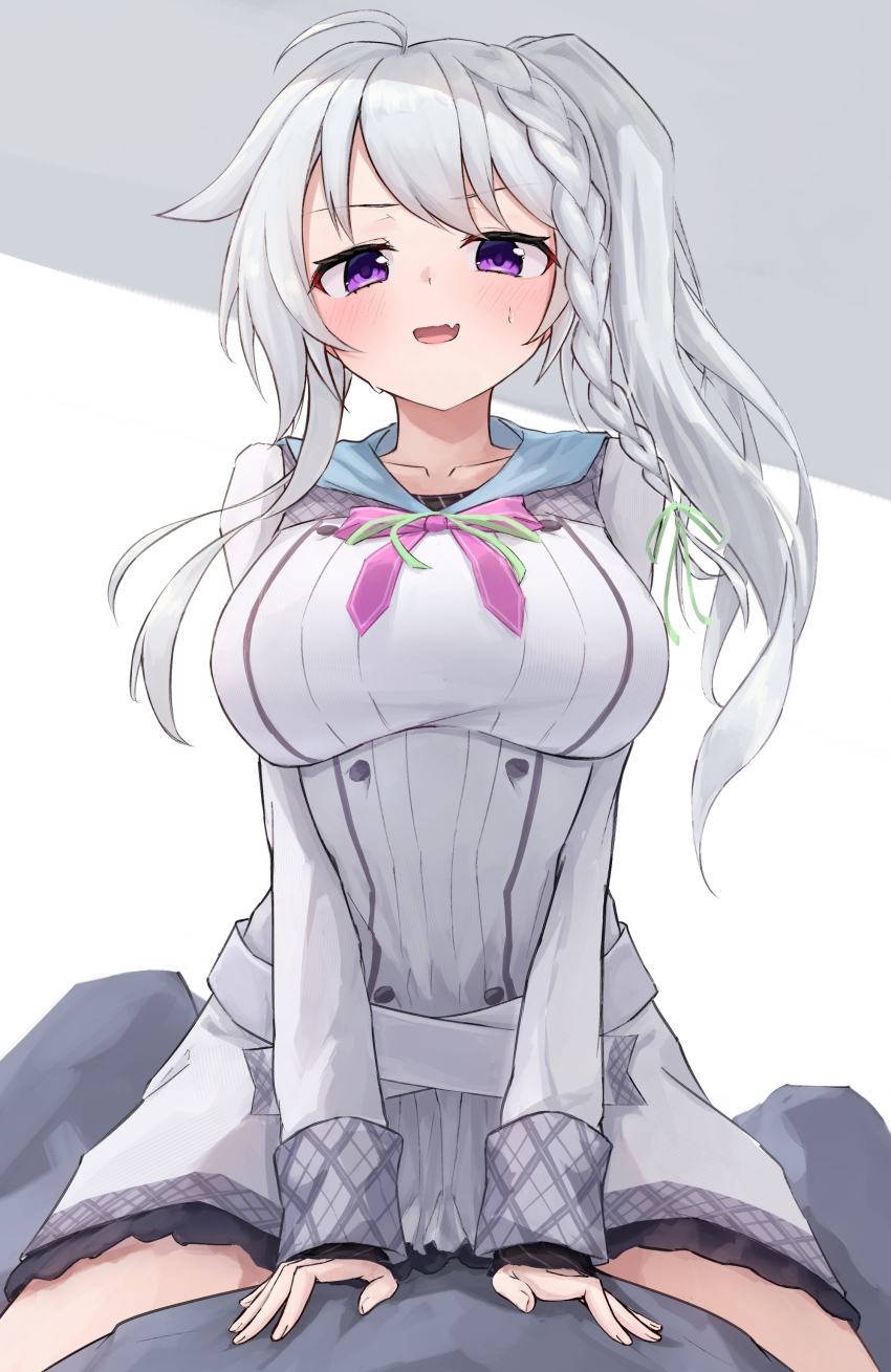 1girl, 9-nine-, :d, absurdres, ahoge, arm_support, belt, blush