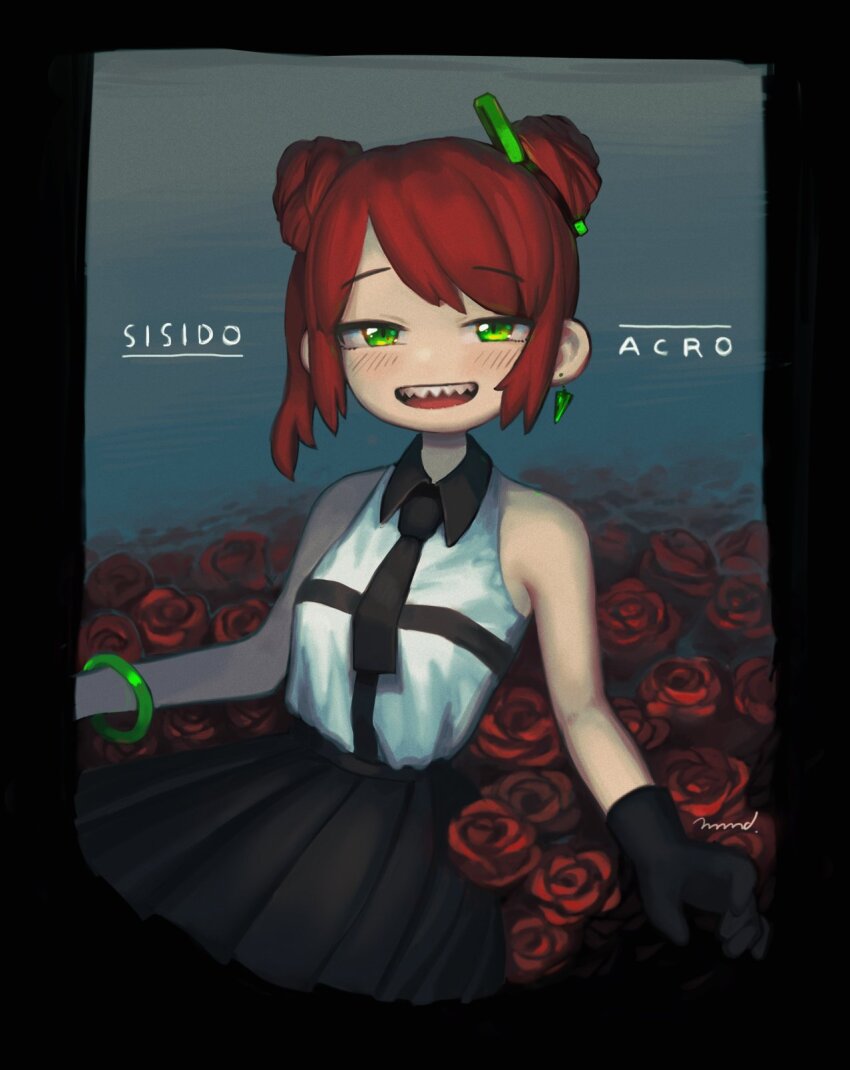 1girl, :d, armpit_crease, bangle, bare_shoulders, black_border, black_gloves, black_necktie