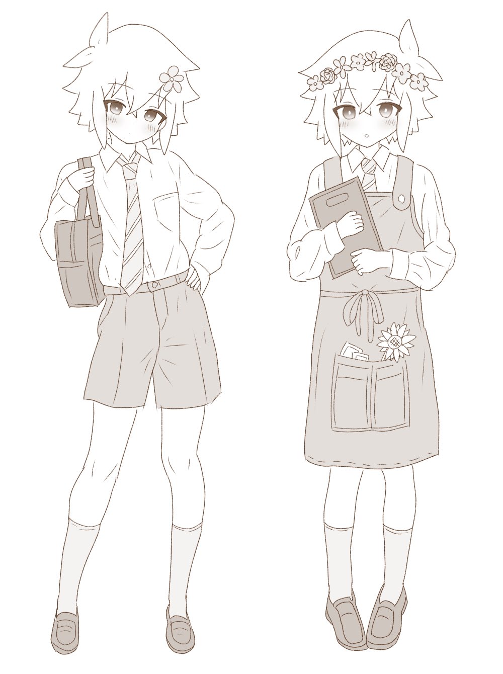 2boys, alternate_costume, apron, bag, basil_(faraway)_(omori), basil_(headspace)_(omori), basil_(omori), blush, closed_mouth, collared_shirt, diagonal-striped_clothes, diagonal-striped_necktie, dual_persona, duffel_bag, flower, greyscale, hair_flower, hair_ornament, hand_on_own_hip, head_wreath, highres, holding, holding_menu, long_sleeves, looking_at_viewer, male_focus, menu, monochrome, multiple_boys, necktie, official_alternate_costume, omori, parted_lips, photo_(object), saji_neko, shirt, short_hair, shorts, simple_background, socks, striped_clothes, sunflower