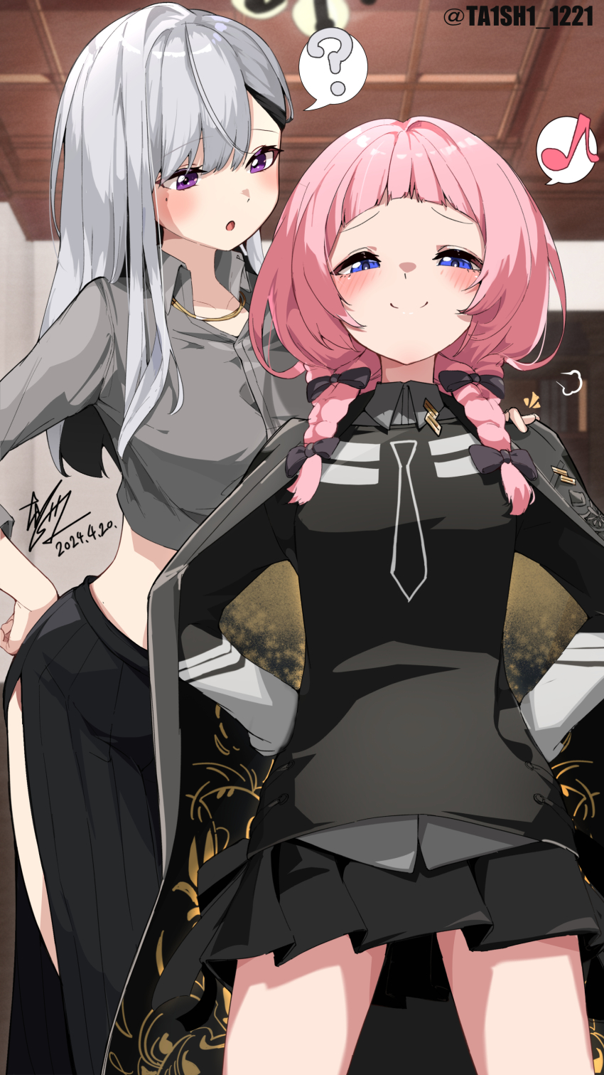 2girls, ?, absurdres, arched_bangs, asymmetrical_bangs, black_bow, black_cape, black_hair