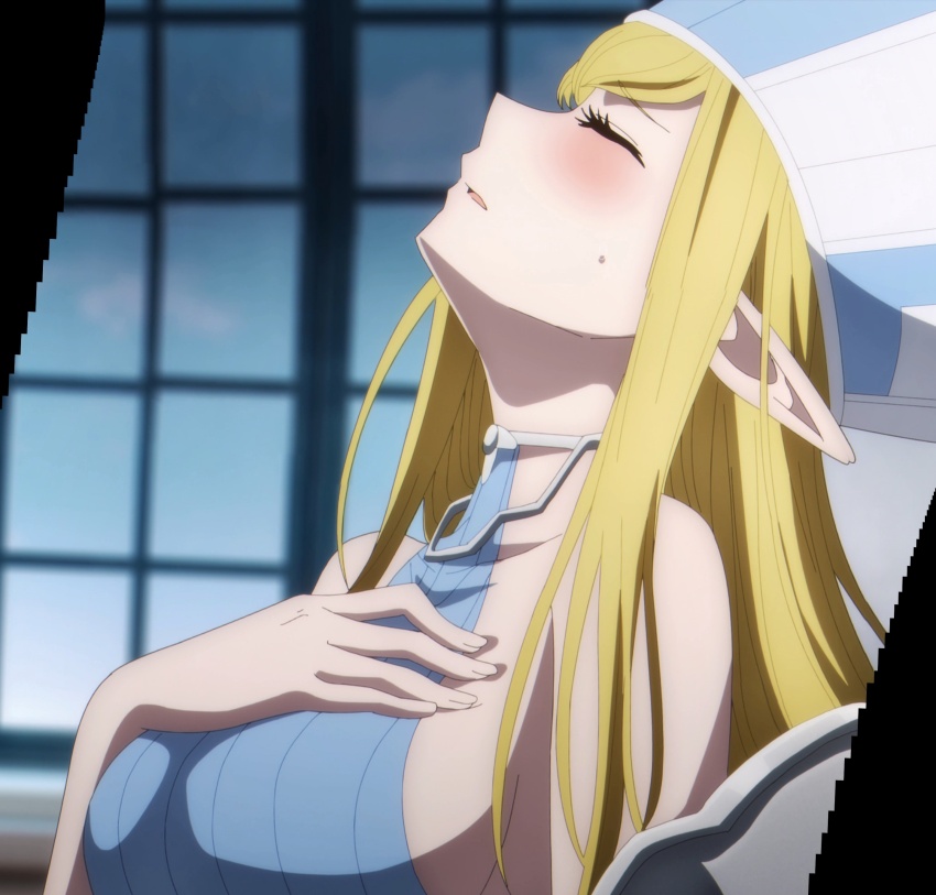 1girl, absurdres, annette_(isekai_shikkaku), bare_shoulders, blonde_hair, blue_dress, breasts, closed_eyes