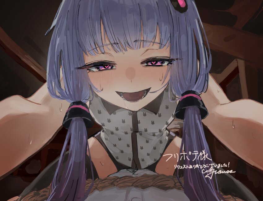 1boy, 1girl, a.i._voice, absurdres, animal_print, assertive_female, black_shorts, black_thighhighs, commission, girl_on_top, heart, heart-shaped_pupils, highres, naughty_face, open_mouth, pink_eyes, pov, print_shirt, purple_hair, rabbit_print, rope, shirt, short_hair_with_long_locks, shorts, skeb_commission, smile, straddling, sweat, symbol-shaped_pupils, thighhighs, uranosebi, voiceroid, yuzuki_yukari, yuzuki_yukari_(a.i._voice)