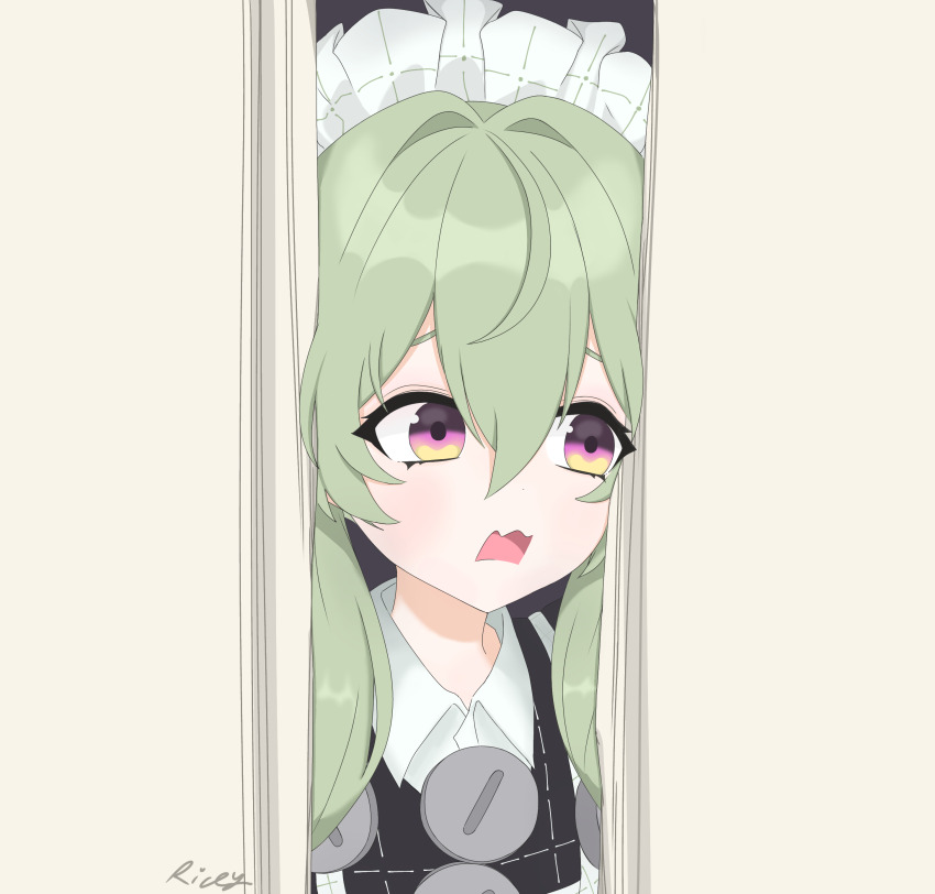 1girl, absurdres, artist_name, commentary, corin_wickes, english_commentary, green_hair, hair_intakes, here's_johnny!_(meme), highres, maid_headdress, meme, multicolored_eyes, open_mouth, pink_eyes, riceyyyfluuff_art, solo, the_shining, through_door, two-tone_eyes, wavy_mouth, yellow_eyes, zenless_zone_zero